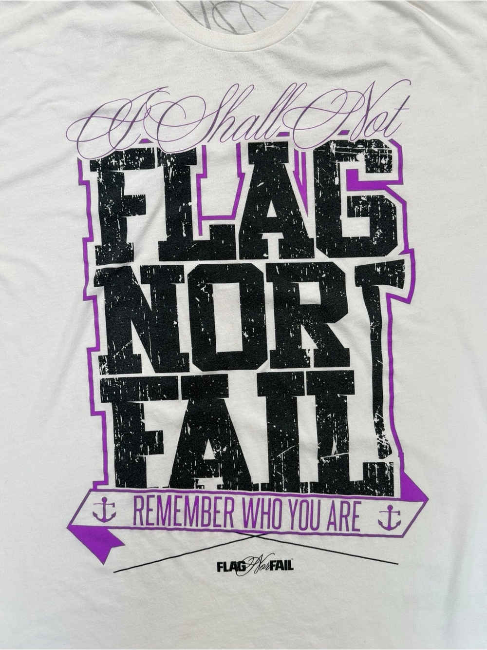 Flag Nor Fail Shall Not Flag Nor Fail Graphic T-Shirt White Purple Unisex - Picture 3 of 6